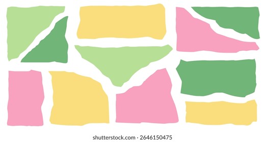 İrregular text box. Colorful abstract mosaic design featuring various shapes and soft pastel colors in green, pink, yellow, and light blue arranged in a playful pattern