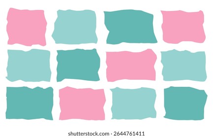 İrregular text box. Colorful abstract shapes arranged in a grid pattern featuring teal and pink tones on a white background