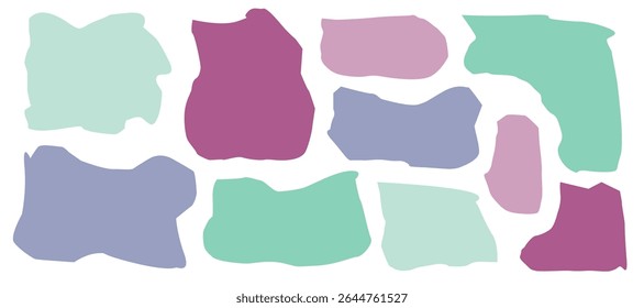 İrregular text box. Colorful abstract shapes arranged playfully on a white background create a modern artistic composition highlighting softness and texture