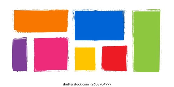 Text box crayon, kid square shape frame, paint brush border, colorful rough chalk sticker, cute charcoal note isolated on white background. Cartoon speech label set. Childish vector illustration