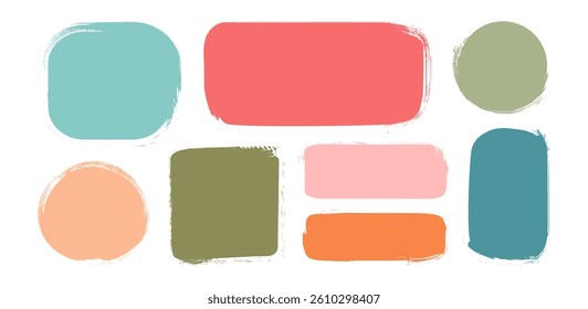 Text box crayon, paint brush shape frame, kid round border, pastel rough chalk sticker, cute charcoal note isolated on white background. Cartoon speech label set. Childish vector illustration