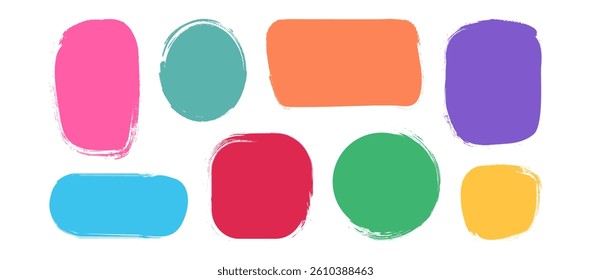 Text box crayon, paint brush shape frame, kid round border, colorful rough chalk sticker, cute charcoal note isolated on white background. Cartoon speech label set. Childish vector illustration