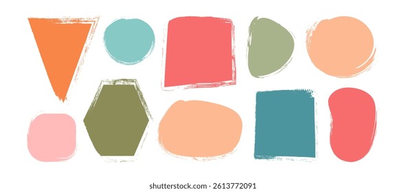 Text box crayon, shape frame, kid paint brush round border, colorful rough chalk sticker, cute charcoal note isolated on white background. Cartoon speech label set. Childish vector illustration