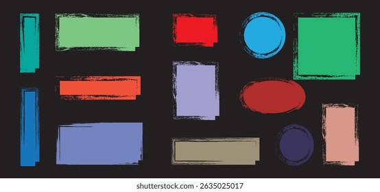 Text box crayon, shape frame, kid paint brush round border, colorful rough chalk sticker, cute charcoal note isolated on white background. Charcoal brush straight texture. Scribble squares. Kids.