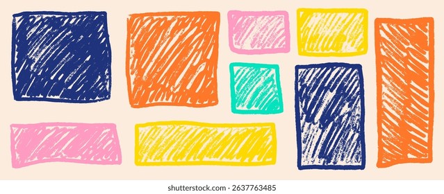 Text box crayon texture square shape set . Box for quote geometric kid brush. Rectangle text frame crayon kid texture. Vector illustration