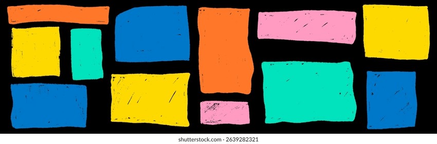 Text box crayon texture square shape set . Box for quote geometric kid brush. Rectangle text frame crayon kid texture. Vector illustration