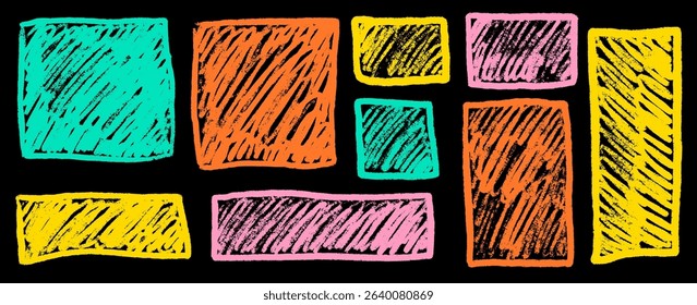 Text box crayon texture square shape set . Box for quote geometric kid brush. Rectangle text frame crayon kid texture. Vector illustration