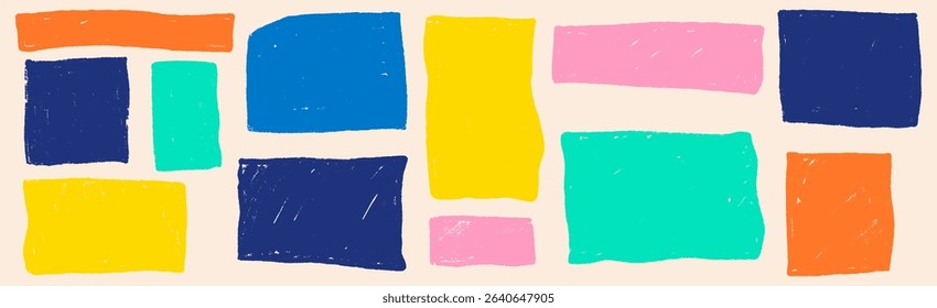 Text box crayon texture square shape set . Box for quote geometric kid brush. Rectangle text frame crayon kid texture. Vector illustration