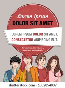 Text box frame background with cartoon young people. Teenagers.