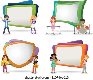 Text box frame background with cartoon children playing on a rock'n'roll band