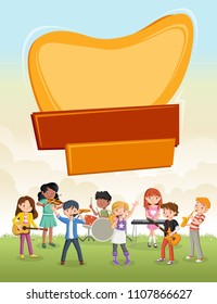 Text box frame background with cartoon children playing on a rock'n'roll band