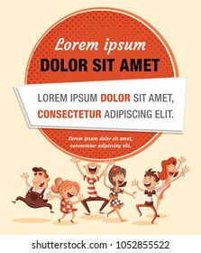 Cuadro de texto encuadra el fondo con alegres dibujos animados bailando. 
