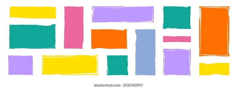 Text box frame brush rough crayon shape set. Text box frame rough grunge square paint shape element. Hand drawn crayon grunge brush rectangle border. Vector illustration