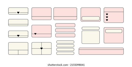 Text box frame illustrations 90s design decor, place for text. Blank decorative rectangular elements for planners, notes and scrapbooking. Collection of simple empty text boxes for quotes or list.