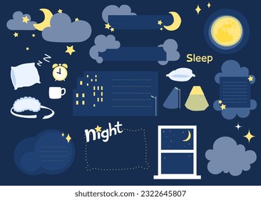 Text box, frame, moon, clouds, stars, night sky, sleep, dark blue and yellow cartoon vector