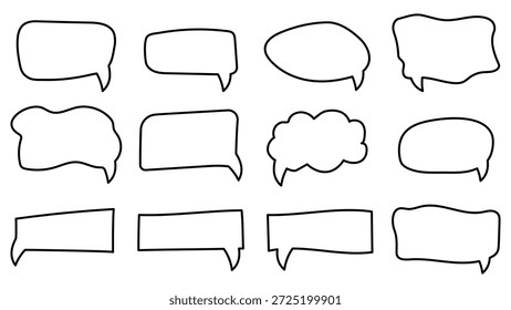 Marco de cuadro de texto Establecer contorno. Marco de mensaje de conversación de texto dibujado a mano en blanco y negro. Colecciones de diseño de diálogo de contorno, cuadrado, color de chat