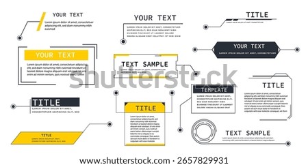 Text box frame, title callout tech hud border menu, title call out labels modern line interface board. Set game elements, web design template for text, banner.