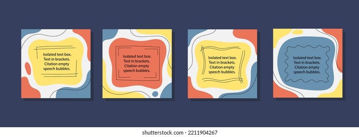 Text box frames, social media templates. Square doodle forms with tag lines, quotes posters, circle tidy quotation. Blank template for comment or message. Vector design illustration