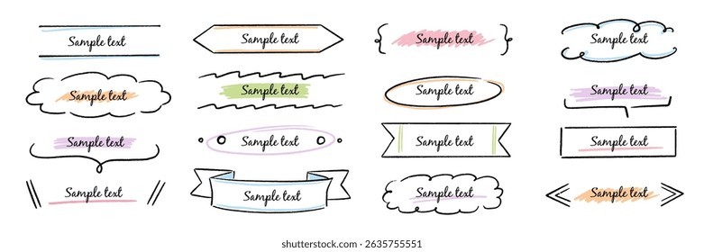 Text box hand drawn banner, frame set. Hand style brush stroke, rustic banner, cute tag, label, ornament and highlight. Graphic text shape, headline badge decoration elements. Vector illustration