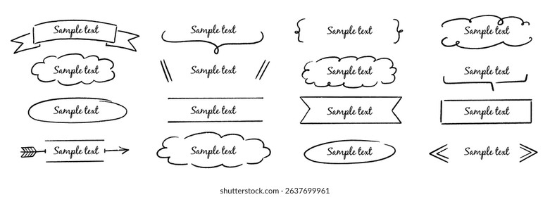 Text box hand drawn banner, frame set. Hand style brush stroke, rustic banner, cute tag, label, ornament and highlight. Graphic text shape, headline badge decoration elements. Vector illustration