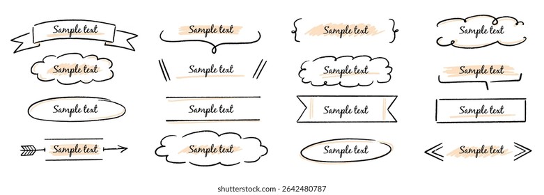 Text box hand drawn banner, frame set. Hand style brush stroke, rustic banner, cute tag, label, ornament and highlight. Graphic text shape, headline badge decoration elements. Vector illustration