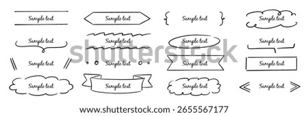 Text box hand drawn banner, frame set. Hand style brush stroke, rustic banner, cute tag, label, ornament and highlight. Graphic text shape, headline badge decoration elements. Vector illustration