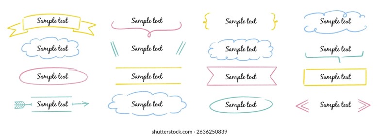 Text box hand drawn frame title banner set. Hand drawn doodle line banner, ribbon line label memo shape elements. Cute design marker stroke text box title, headline decoration. Vector illustration