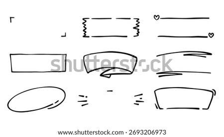Text box hand drawn frame and title banner set. Doodle line banners, ribbons, and memo shapes. Cute marker stroke elements for titles, notes, or headlines. Vector illustration.