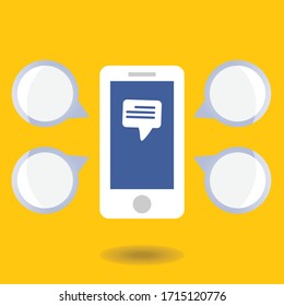 Text box into application phone on yellow background : speech bubbles modern cocept vector