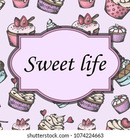 Text box on background with cupcakes, colorful, hand drawing style, vector illustration