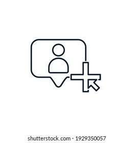 Text box, person silhouette, plus, arrow. User profile concept, add new friend, buyer, follower. Vector icon isolated on white background. 
