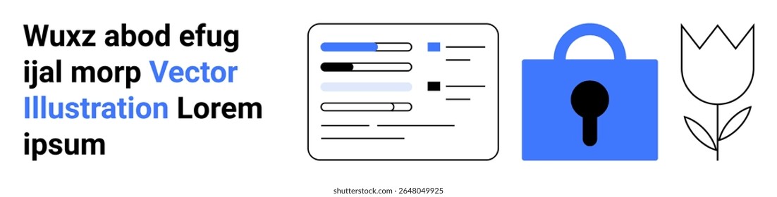 Text box with sample words, document displaying charts and graphs, blue lock, and outlined flower. Ideal for business, security, presentation, infographic, education, web design, creative projects
