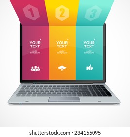 Text boxes, infographics on laptop white background. Option banner.