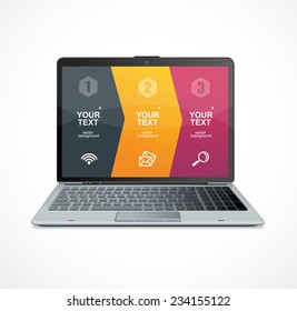 Text boxes, infographics on laptop white background. Option banner.