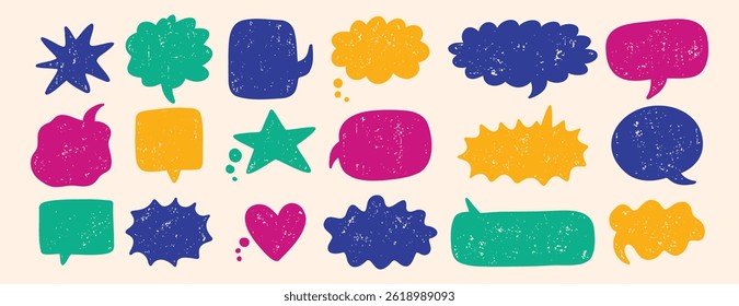 text boxes and speech bubbles with grunge crayon or color chalk texture set. Retro vintage illustration on a white background. Vector illustration