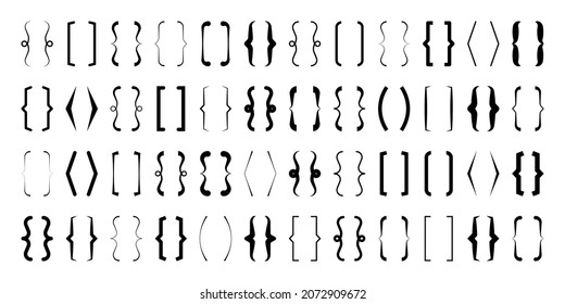 Text brackets collection, black quotation box. Curly, square and corner parentheses. Vintage typographical symbol, calligraphic quote frame. Doodle, lettering element. Vector illustration.
