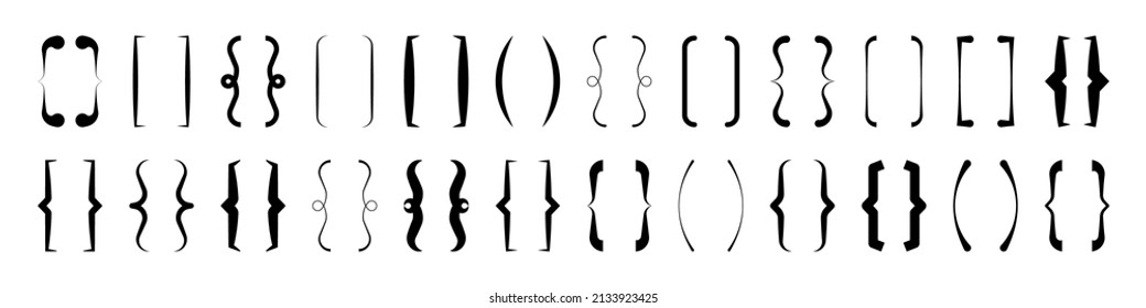 Text brackets collection, black quotation box. Curly, square and corner parentheses. Vintage typographical symbol, calligraphic quote frame. Doodle, lettering element. Vector illustration.
