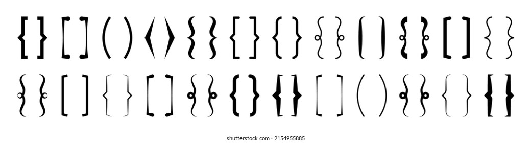 Text brackets collection, black quotation box. Curly, square and corner parentheses. Vintage typographical symbol, calligraphic quote frame. Doodle, lettering element. Vector illustration.
