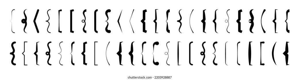 Colección de corchetes de texto, comilla negra. Curly, paréntesis cuadrado y de esquina. Símbolo tipográfico vintage, marco de cita caligráfica. Doodle, elemento con letras. Ilustración vectorial.