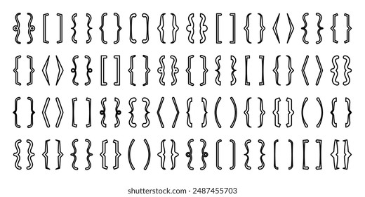 Text brackets collection, black quotation box. Curly, square and corner parentheses. Vintage typographical symbol, calligraphic quote frame. Doodle, lettering element. Vector illustration