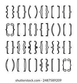 Text brackets collection, black quotation box. Curly, square and corner parentheses. Vintage typographical symbol, calligraphic quote frame. Doodle, lettering element. Vector illustration
