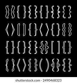 Text brackets collection, black quotation box. Curly, square and corner parentheses. Vintage typographical symbol, calligraphic quote frame. Doodle, lettering element. Vector illustration