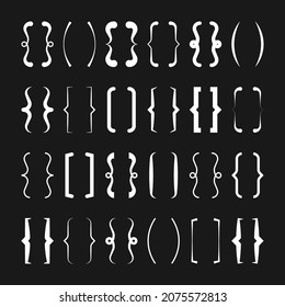 Text brackets collection, white quotation box. Curly, square and corner parentheses. Vintage typographical symbol, calligraphic quote frame. Doodle, lettering element. Vector illustration.