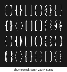 Text brackets collection, white quotation box. Curly, square and corner parentheses. Vintage typographical symbol, calligraphic quote frame. Doodle, lettering element. Vector illustration.