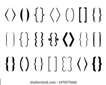 Text brackets. Curly braces, square and corner parentheses. Bracket punctuation shapes for messages. Vector calligraphy communication typography symbols