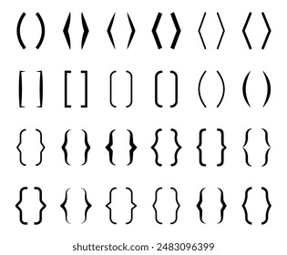 Text brackets set. Bracket icons different shapes. Brackets boxes for texting quote. Quote box frame. Parenthesis icons. Vector illustration.