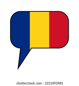 A text bubble in the colors of the Romanian flag. "Speak Romanian" concept.