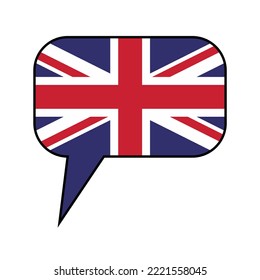 A text bubble in the colors of the UK flag. "Speak English" concept.