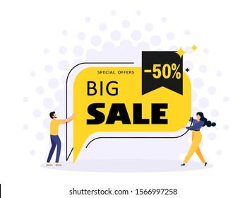 Text bubble design for mega big sales with small characters in cartoon style. Yellow patterns for special and advantageous offers for the purchase, elements, lines, flags. Vector isolate on a white ba