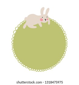 Text bubble with funny bunny who sits on a frame for text. Vector nursery illustration. Soft green pastel colors.